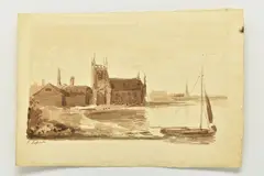 A loose sketch depicting a dinghy with church beyond by John Laporte, ink, sold Jul 2023