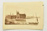 A loose sketch depicting a dinghy with church beyond by John Laporte, ink, sold Jul 2023