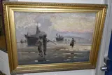 Shrimpers on the shore at low tide by John Henry Boel, 1916, oil on canvas, sold Jul 2023