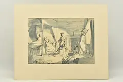 Female figures in a bedroom setting by Robin Guthrie, ink and watercolour, sold Jun 2023