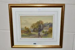 Landscape with cottage by Frank Gresley, watercolour on paper, sold Jun 2023
