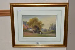 Landscape with cottage and church by Frank Gresley, watercolour on paper, sold Jun 2023