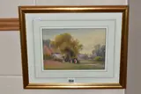 Landscape with cottage and church by Frank Gresley, watercolour on paper, sold Jun 2023