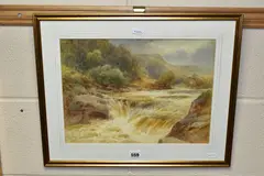 A waterfall in the derbyshire dales by James Stephen Gresley, 1900, watercolour on paper, sold Jun 2023