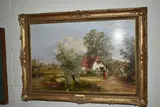 A nostalgic style landscape with figures before a cottage by Tom Douglas, oil on canvas, sold Jun 2023