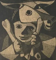 Ass and ManSigned by Roderic Barrett, Wood engraving, sold Jun 2023