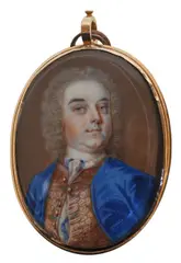 Portrait miniature of a gentleman wearing a blue coat and by Nathaniel Hone, oil, sold Mar 2023