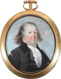 Portrait miniature of a gentleman wearing a black coat and by David Gibson, oil, sold Mar 2023