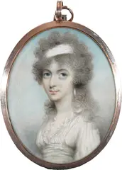 Portrait miniature of a lady wearing a white dress and a bandeau in by Andrew Plimer, oil, sold Mar 2023