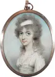 Portrait miniature of a lady wearing a white dress and a bandeau in by Andrew Plimer, oil, sold Mar 2023
