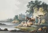 Landscape with figures conversing and animals resting by a by Peter Le Cave, Watercolour, sold Mar 2023