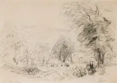 Landscape with cottages and figures near Rowsley by David Cox Sen., oil, sold Mar 2023