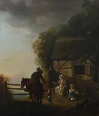 A cavalier giving charity to a family outside a cottageOil on by Thomas Barker, Oil on canvas, sold Mar 2023