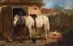 Saddling a horse outside a stableSigned A Mauve by Anton Mauve, Oil on panel, sold Mar 2023