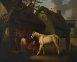 A farrier's shop Signed and dated G Morland/1793 (lower left) Oil on canvas 70.3 x 91.9cm; 27¾ x 36¾in by George Morland, Oil on canvas, sold Mar 2023