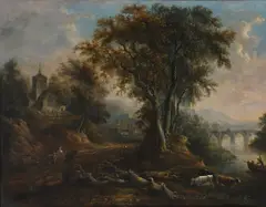 River landscape with figures on a path and cattle wateringSigned by Patrick Nasmyth, Oil on canvas, sold Mar 2023