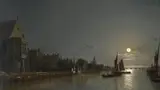 View of the Thames at night by Henry Pether, Oil on canvas, sold Mar 2023