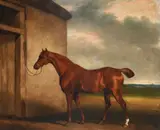 Chestnut hunter before a stableIndistinctly by Abraham Cooper, Oil on canvas, sold Mar 2023
