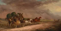 The Salisbury to London mail coach passing StonehengeSigned J C by John Maggs, Oil on canvas, sold Mar 2023