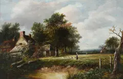 Landscape with a woman and geese by a pond outside a cottageSigned by Joseph Thors, Oil on canvas, sold Mar 2023