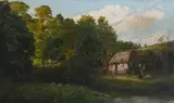 Landscape with a woman hanging washing outside a cottage by James Hayllar, Oil on canvas, offered Mar 2023