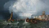 Fishing boats in choppy waters at PortsmouthSigned and dated James Webb/May by James Webb, Oil on canvas, offered Mar 2023