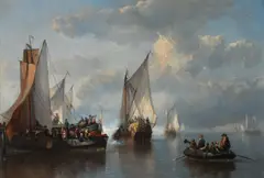 A Dutch harbour with a warship firing a saluteSigned A by Anthonie Waldorp, Oil on panel, sold Mar 2023