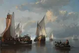 A Dutch harbour with a warship firing a saluteSigned A by Anthonie Waldorp, Oil on panel, sold Mar 2023
