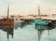 Fishing boats moored in a harbourSigned Colin Hunter by Colin Hunter, Oil on board, sold Mar 2023