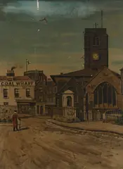 A Chelsea pensioner on Cheyne Walk outside Chelsea Old Church and Aldins by Walter Greaves, Oil on canvas, sold Mar 2023