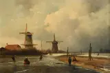 Winter landscape with figures skating on a by Johannes Franciscus Hoppenbrouwers, Oil on panel, sold Mar 2023