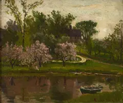 View of a country garden with a rowing lake and a house by John Joseph Enneking, Oil on canvas laid on board, sold Mar 2023