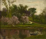 View of a country garden with a rowing lake and a house by John Joseph Enneking, Oil on canvas laid on board, sold Mar 2023