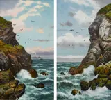 Coastal landscape with gulls by the cliffs by Alexander Mortimer, oil on canvas, sold Mar 2023