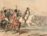 Napoleon and his generals on the battlefield by Noël-Dieudonné Finart, Pencil and watercolour heightened with white, sold Mar 2023