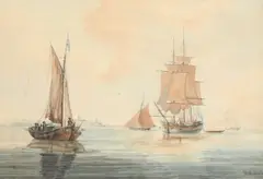 Shipping in calm coastal waters by William Anderson, Pencil and watercolour, offered Mar 2023