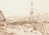 Hilhouse’s new dock by Thomas Leeson Rowbotham, 1826, Pencil and brown wash, sold Mar 2023
