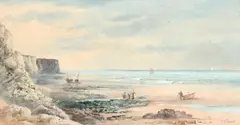 Figures on the shore of the Bristol Channel by Robert Winchester Fraser, Watercolour heightened with white, sold Mar 2023