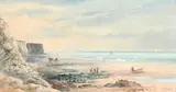 Figures on the shore of the Bristol Channel by Robert Winchester Fraser, Watercolour heightened with white, sold Mar 2023