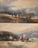 Coastal landscape with figures on the shore by William Arnee Frank, watercolour, sold Mar 2023