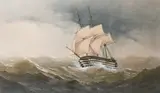A man-o'war in high seasPencil and by Charles Taylor Jnr., Pencil and watercolour heightened with bodycolour, sold Mar 2023