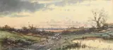A shepherd and his flock returning home by Charles Frederick Allbon, Watercolour, sold Mar 2023