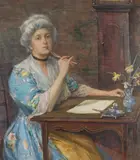 The letter writer by Henry Meynell Rheam, Watercolour heightened with white, sold Mar 2023