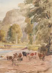 Cattle by the River Lledr at Dolwyddelan by David Cox Jr., watercolour, offered Mar 2023
