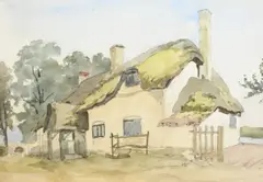 Thatched cottage with a field beyond by James Stark, Pencil and watercolour, offered Mar 2023