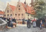 Market day in Bruges by Emile Hoeterickx, Watercolour heightened with white, offered Mar 2023