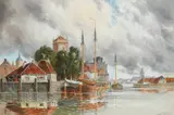 View of a Dutch town on the Scheldt by Louis Van Staaten, Watercolour and bodycolour, offered Mar 2023