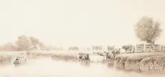 Cattle watering near Temple Lock on the Thames by Edward Duncan, Pencil, pen and ink, and wash heightened with white, sold Mar 2023