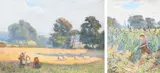 Landscape with girls picking flowers and sheep grazing beyond by Joseph Kirkpatrick, watercolour, offered Mar 2023
