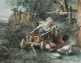 Feeding the chickensSigned M ten Kate by Mari ten Kate, Watercolour heightened with bodycolour, sold Mar 2023